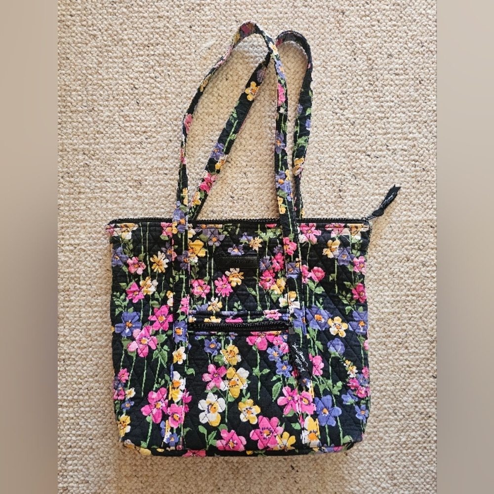 Vera Braley Floral Quilted Tote Shoulder Bag Black Pink Yellow Wildflower Garden